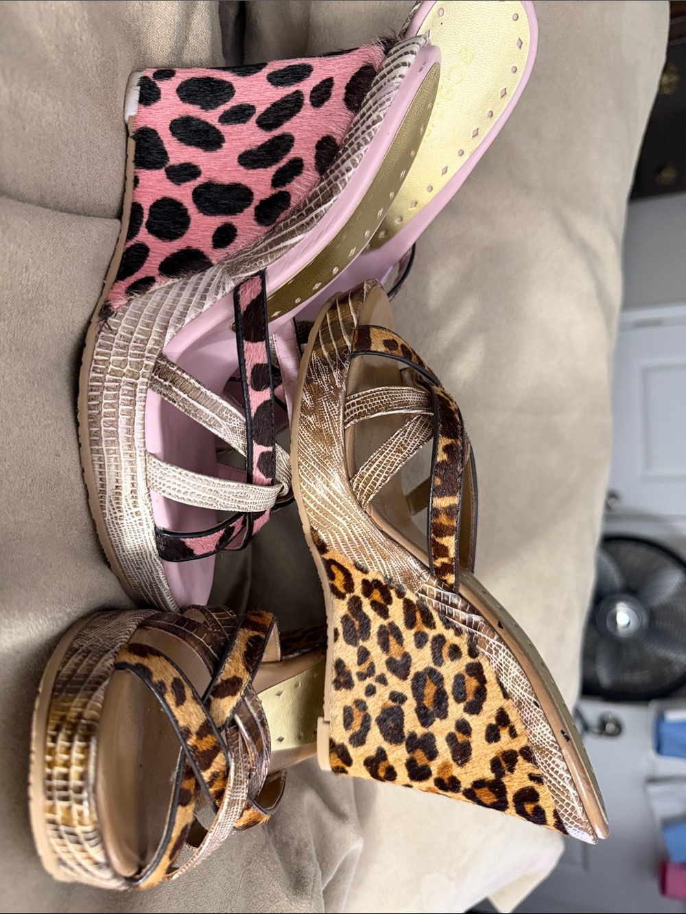 **SALE** 2 pair BCBG Pink and Brown Leopard Print Strappy Heels - Picture 2 of 5